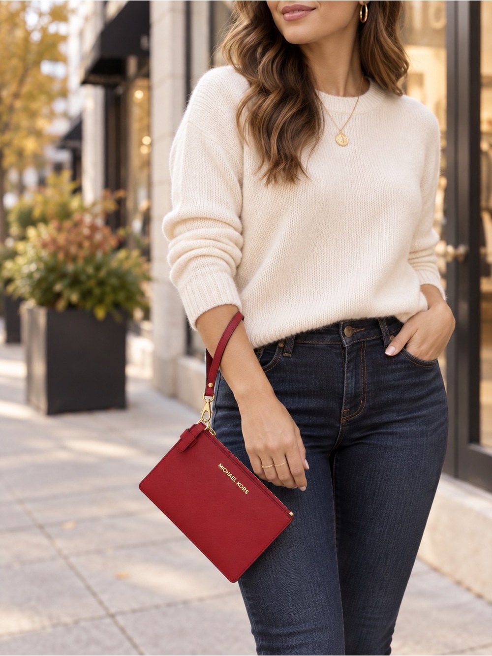 Michael Kors Red Leather Wristlet with bonus Patterned Strap